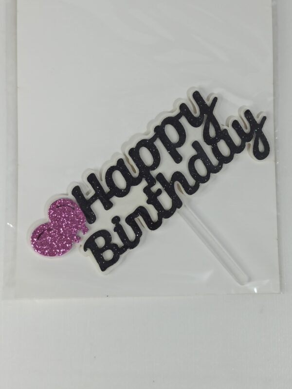 Topo de bolo Happy Birthday em EVA preto, branco e pink 15cm x 11cm