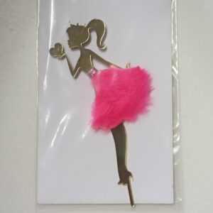 Topo Bolo Boneca + Saia Pink Acrilico 2mm Espelhado Dourado 13cm x 7cm